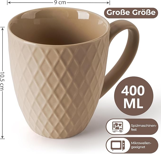 MIAMIO 6 x 14 Oz Coffee Mug Set - Modern Ceramic Matt - Palmanova Collection (Beige)