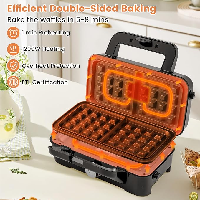 BECOMFORT 3 in 1 Waffle Maker, Sandwich Press w/3 Removable Non-stick Plates, Indicator Lights, Cool Touch Handle, Sandwich Maker & Panini Press w/5-gear Temperature Control for Breakfast Steak
