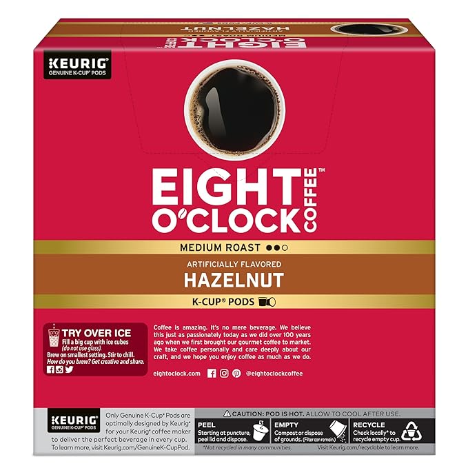 Eight O'Clock Coffee Hazelnut Single-Serve Keurig K-Cup Pods, Medium Roast Coffee Pods, 32 Count