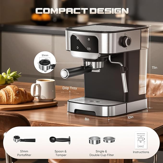 Espresso Machine 20 Bar, Professional Espresso Maker with Power Milk Frother,Compact Espresso Coffee Machine With LED Touch Screen for Home Latte, Cappuccino, 61OZ Removable Water Tank 2025