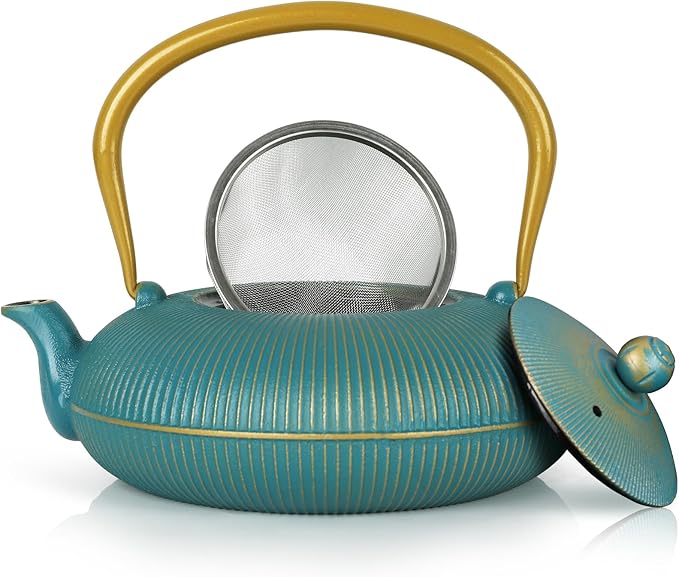Green Cast Iron Teapot Large Capacity 40oz/1200ml with Infuser for Loose Leaf Stovetop Safe Vertical Stripe Flat Tea Kettle, Enameled Interior