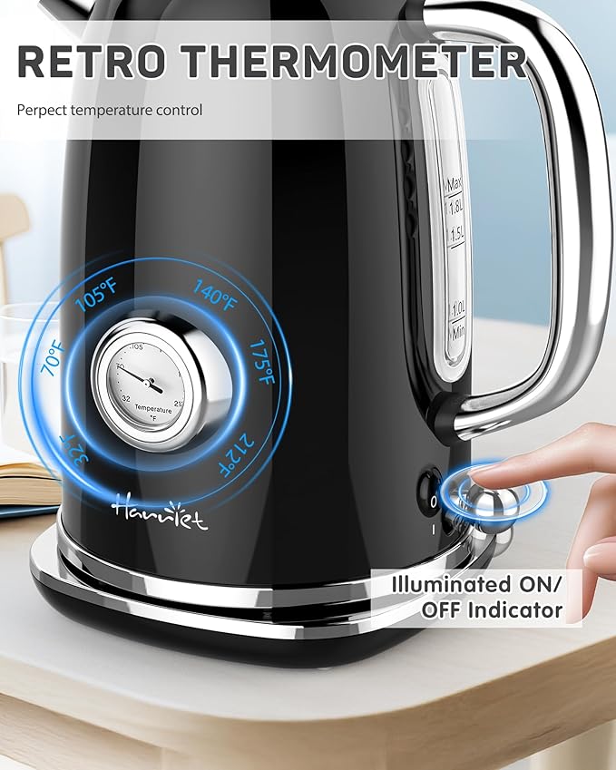 Harriet Electric Kettle, 1.8L Retro Electric Tea Kettle with Thermometer, 1500W Stainless Steel Hot Water Kettle Electric with LED Indicator, Fast Boiling, Cordless, Auto Shut-Off, Black