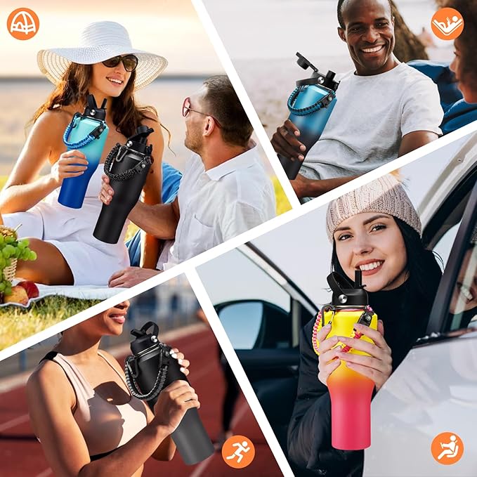 Insulated Water-Bottle 40 oz Tumbler - Fits in Any Cup Holder, Keep Cold 48H Hot 24H, Stainless Steel Water bottle with Straw, Spout Lid, Paracord Handle, Carrier Bag, Silicon Boot for Road Trip