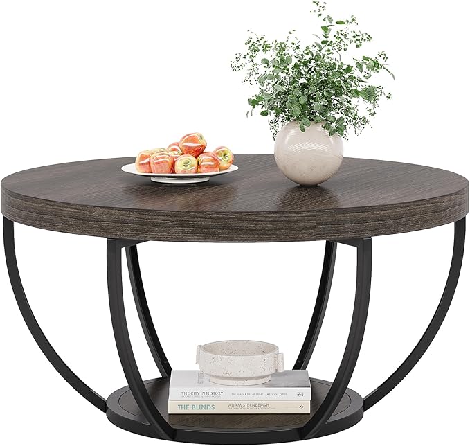 Tribesigns Round Coffee Table, 31.7" Wooden 2-Tier Circle Coffee Table with Storage Shelves, Modern Accent Cocktail Table Center Table for Living Room, Grey