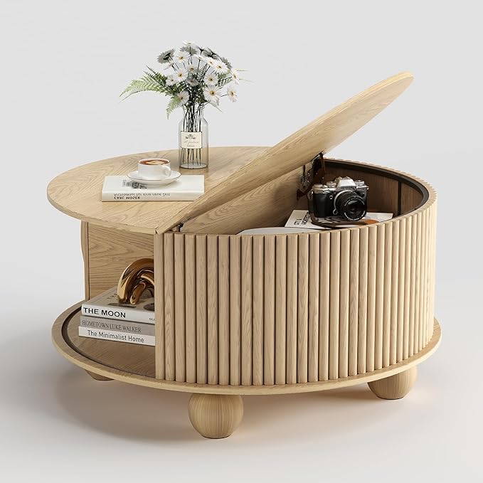 Round Coffee Table with Storage,31.5" Mid Century Modern Coffee Table with Bun Feet,Fluted Center Table for Living Room,Home Small Space,Oak