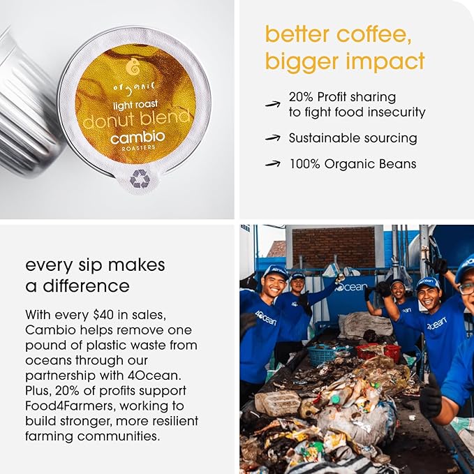 Cambio Roaster Donut Blend Keurig Coffee K Cups, Organic Light Roast Coffee Pods, Only Aluminum K Cup for More Flavor & Longer Lasting Freshness, Caffeinated Lower Acid Kcups for Keurig, 10 count