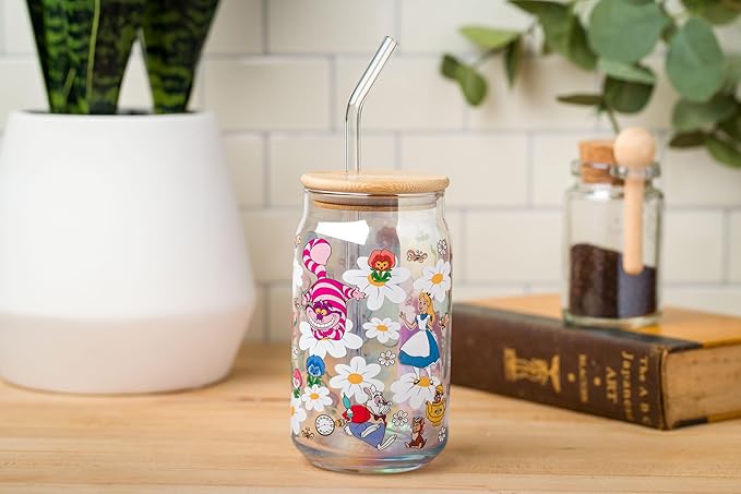 Silver Buffalo Disney Alice in Wonderland Featuring Cheshire Cat, White Rabbit, and Mad Hatter in Wild Flowers Glass Jar Tumbler with Bamboo Lid and Glass Straw, 16 Ounces