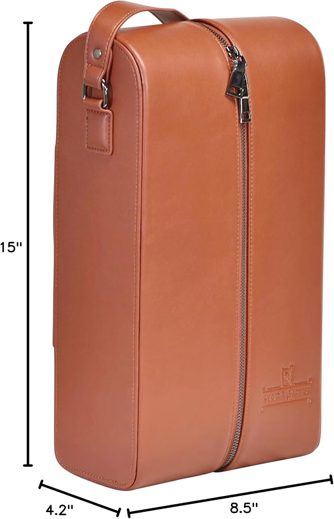 POUR & GARNISH Bourbon Whiskey & Wine Double Bottle Travel Bag with 4 Stainless Steel Double-Walled Vacuum Insulated Glasses - Makes a Great Gift!