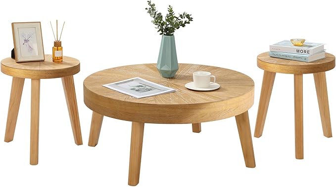 Farmhouse Round Coffee Table Set of 3, Boho Sofa Side Nesting Tables End Table Set with Wood Natural Finish for Living Room, Bedroom, Home Office,Natural