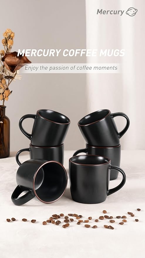 famiware Mercury Coffee Mugs 13 oz, Coffee Mugs Set of 6 with Handle, Cups for Latte, Hot Tea, Cappuccino, Mocha, Cocoa, Black