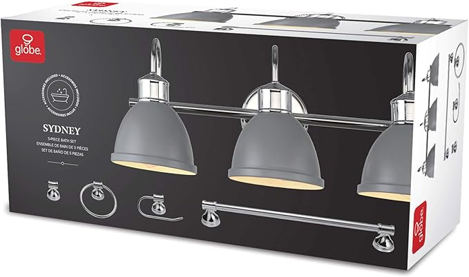 GLOBE Electric Sydney 5-Piece Bathroom Set, Matte Gray and Chrome, 3-Light Vanity Light, Towel Bar, Towel Ring, Robe Hook, Toilet Paper Holder