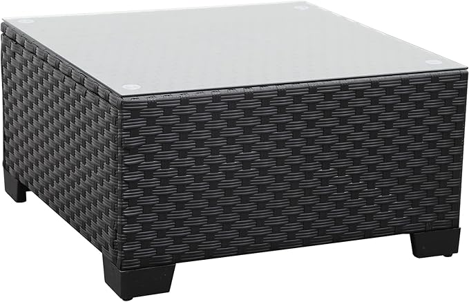 Rattaner Patio Furniture Wicker Coffee Table Outdoor Garden Square Side Table with Tempered Glass Top Black