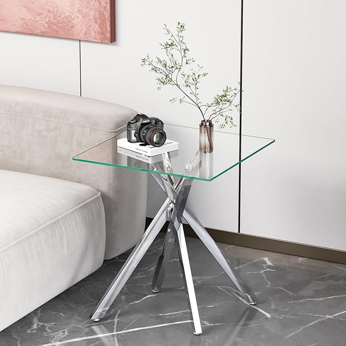 Silver Glass Coffee Table Set of 3 Modern End Table Living Room Side Table, Geometric Metal Legs 47.2 Inch Clear Rectangle Center Cocktail Tables, Chrome Silver