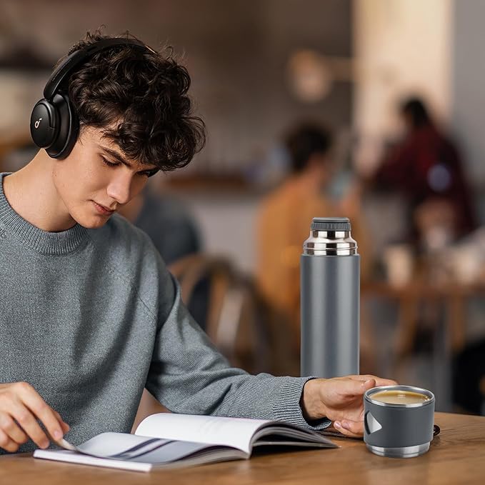 Stainless Steel Thermo 700ml/23.7oz Vacuum Insulated Bottle with Cup for Coffee Hot drink and Cold drink water flask.(Gray,Set)