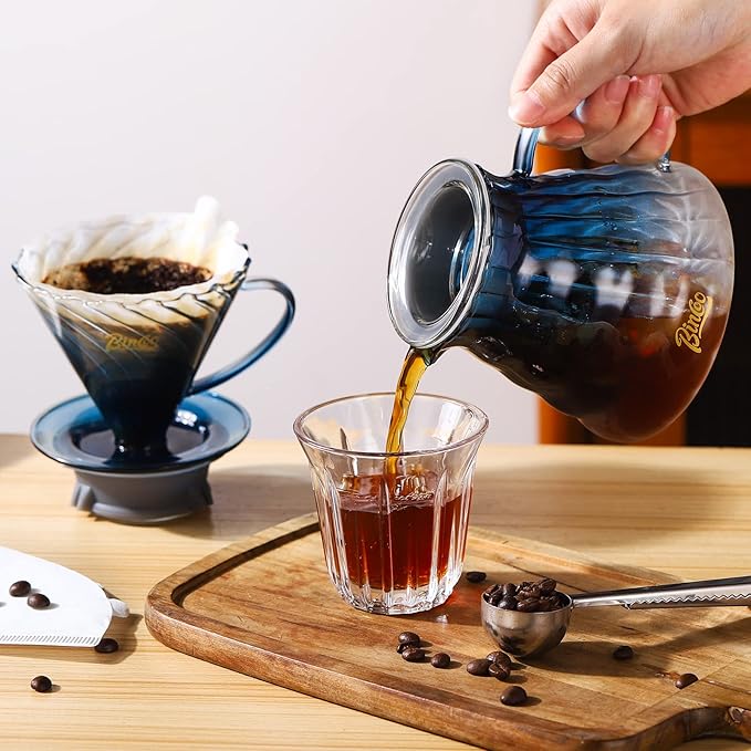 Bincoo Pour Over Coffee Maker Set with Dripper Size 02,600ml Glass Coffee Server Set,60 Angle Tapered Glass Coffee Dripper with Stand&Filter Paper for Home Office Gift (Blue)
