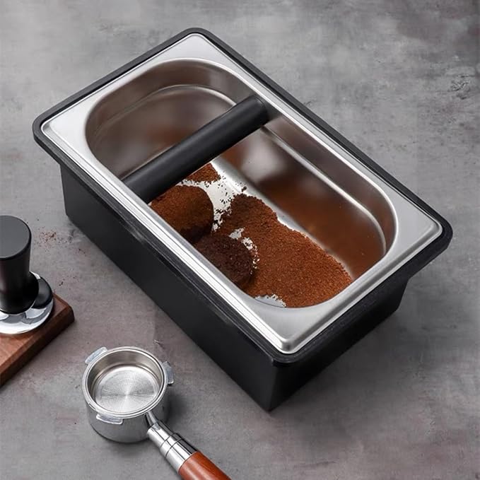 Espresso Coffee Knock Box, Large Size Stainless Steel Coffee Pucks Container, with Noise Reduction Rubber Ring,Silicone Bar for Knocking Portafilter Filter Grinds