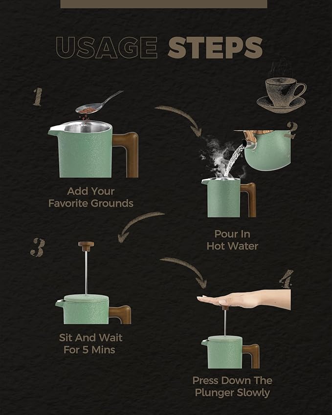 POLIVIAR French Press Coffee Maker, 34 oz Coffee Press with Real Wood Handle, Double Wall Insulation & Dual-Filter Screen, Food Grade Stainless Steel for Good Coffee and Tea JX2023-FPLN