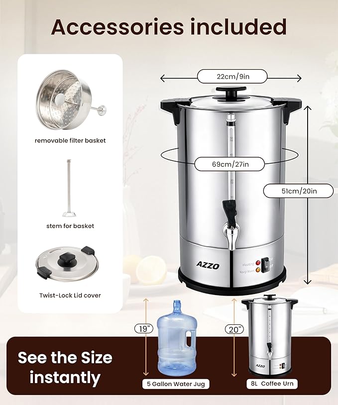 Commercial Coffee Maker 50-Cup Percolator Coffee Pot Electric Dispenser with Double Wall Stainless Steel Anti-Spill, 8L Large Fast Brew Hot Water Urn for Tea Church Events Easy Cleaning