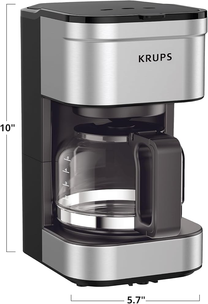 Krups Simply Brew Stainless Steel Drip Coffee Maker 5 Cup, Keep Warm Function, Reusable coffee filter, Ultra Compact 650 Watts Coffee Filter, Drip Free, Dishwasher Safe Pot, Silver and Black