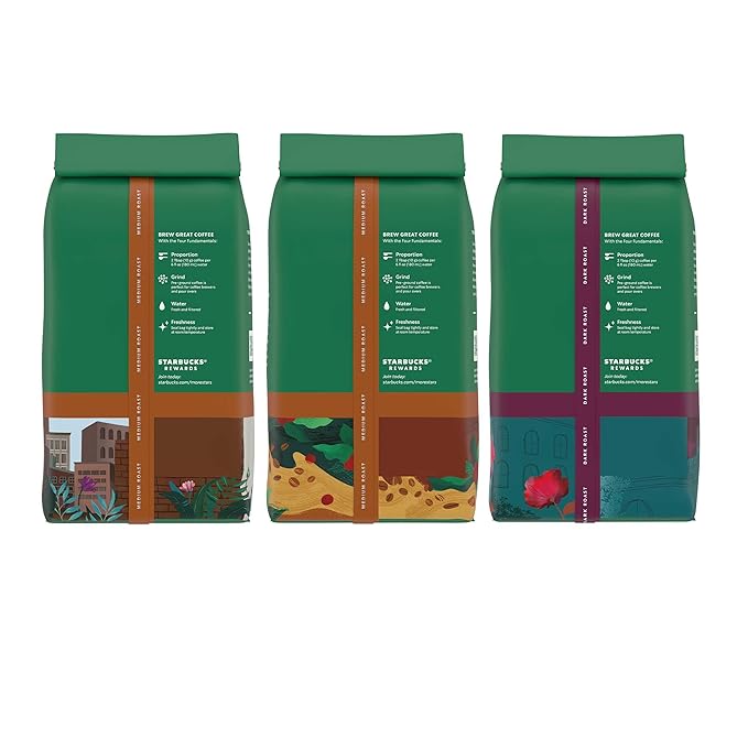 Starbucks Medium & Dark Roast Decaf Ground Coffee, Variety Pack, 3 bags (12 oz each)