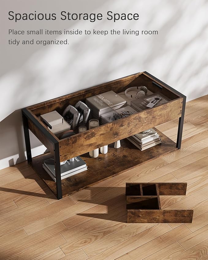 Coffee Table, 40" Center Table with Storage Shelf, Rectangle Coffee Table, for Living Room, Toolless, Easy Assembly, Simple Style, Rustic Brown (Colonial)