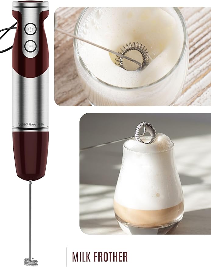 MegaWise Pro Titanium Reinforced 3-in-1 Immersion Corded Hand Blender, Powerful MOTOR with 80% Sharper Blades, 12-Speed Corded Blender, IncludingWhisk and Milk Frother (3-in 1 Red)