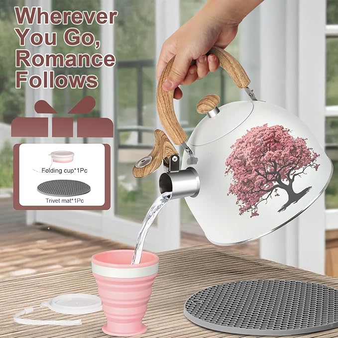 ARC Stainless Steel 2-Quart Whistling Milk White Tea Kettle with Magic Color Changing Design, Stovetop Teapot With Folding Cup & Trivet Mat