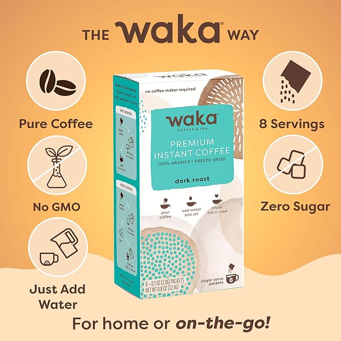 Waka Premium Instant Coffee Sachets — 100% Arabica Freeze Dried Beans — For Hot or Iced Coffee (8 Count, Dark Roast)