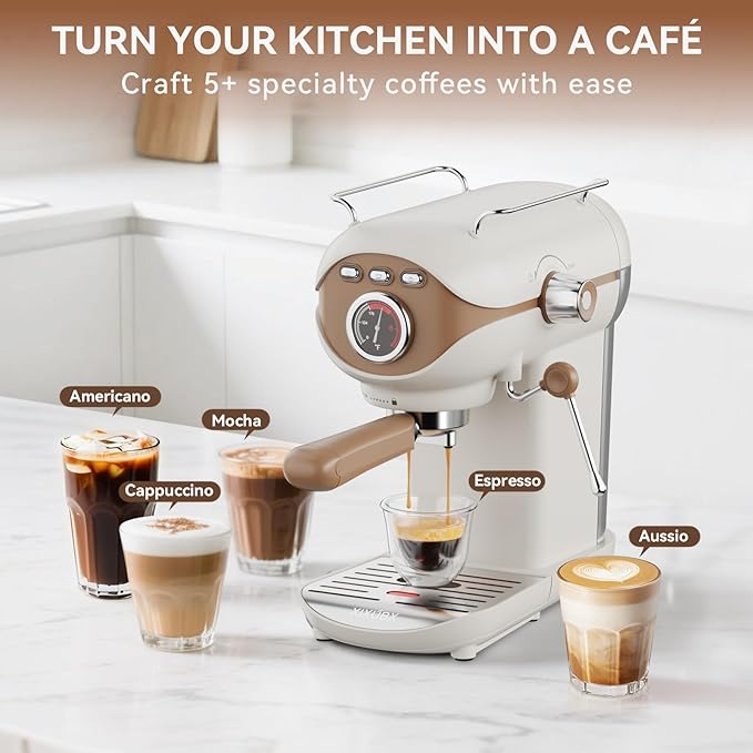 Espresso Machine, 20 BAR Pump Temperature Control, Compact Espresso Maker with Steam Milk Frother, Professional Coffee Makers for Home, Cappuccino, Latte, Gifts for Coffee Lover, White