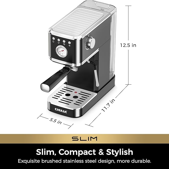 CHULUX Slim Espresso Machine with Milk Frother Steam Wand, 20 Bar Professional Italian Pump Espresso Coffee Machine for Home Cappuccino & Latte Maker, Stainless Steel Black