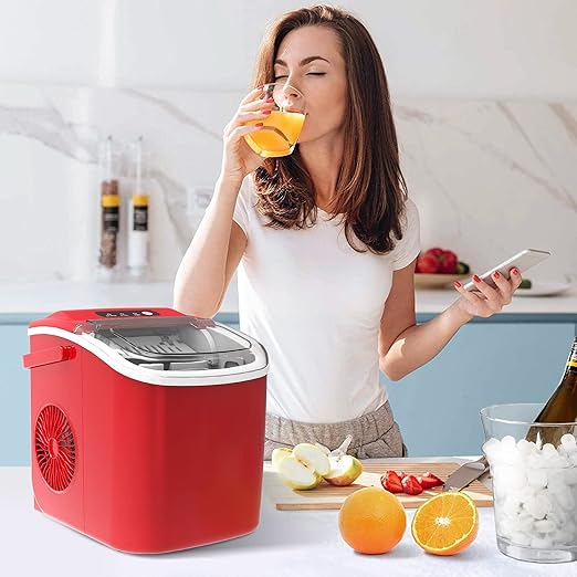 Countertop Portable Ice Maker Machine with Handle, 9 Bullet-Shaped Ice Cubes Ready in 6 Mins, 26Lbs/24H, Self-Cleaning Function with Ice Scoop and Basket for Home/Kitchen/Party (Red)