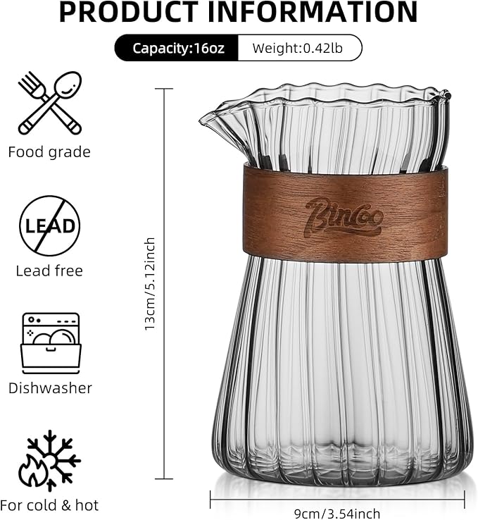 Small Glass Coffee Server 16oz - Glass Pour Over Coffee Carafe Coffee Maker with Heat-Resistant Wood Ring, Mess-free Pouring