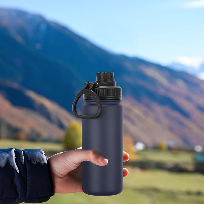 DOMICARE 16 oz Kids Water Bottle for School Stainless Steel Double Wall Vacuum Insulated Water Bottle with Straw lids & Spout Lid, Leakproof BPA Free (Navy,4)