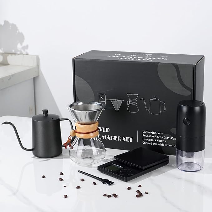 Pour Over Coffee Dripper Set, Hand Drip Coffee Maker Set, All in One Pour Over Kit with Electric Grinder, Coffee Dripper Set, Ideal for Anniversary Birthday Gift