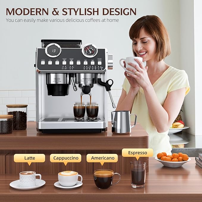 Espresso Machine with Grinder, 20 Bar Pressure Professional Espresso Maker with 30 Grinding Settings, 58mm Portafilte, Anti-scalding Milk Frother Steam Wand for Latte Cappuccino (Stainless Steel)