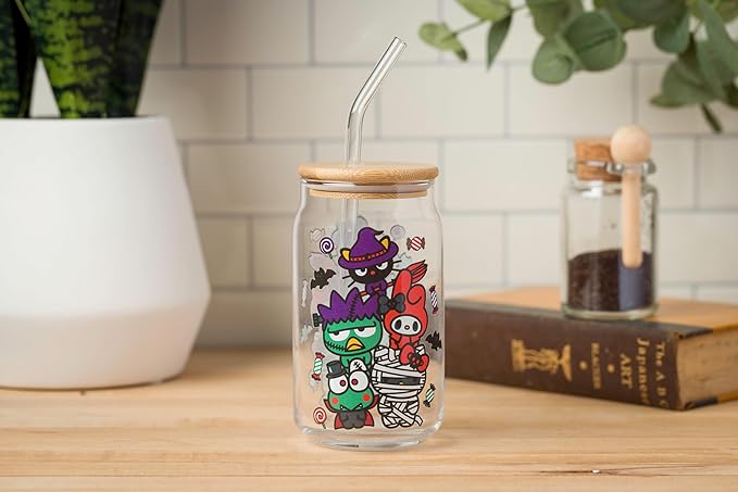 Silver Buffalo Sanrio Hello Kitty & Friends Halloween Spooky Badtz-Maru Frankenstein, Chococat Witch, My Melody Ghost, Keroppi Vampire, Mummy Glass Jar Tumbler w Bamboo Lid and Glass Straw, 16oz