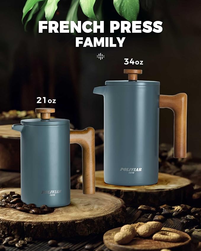POLIVIAR French Press Coffee Maker, 21 oz Coffee Press with Real Wood Handle, Double Wall Insulation & Dual-Filter Screen, Food Grade Stainless Steel for Good Coffe and Tea, JX2024-SFPU