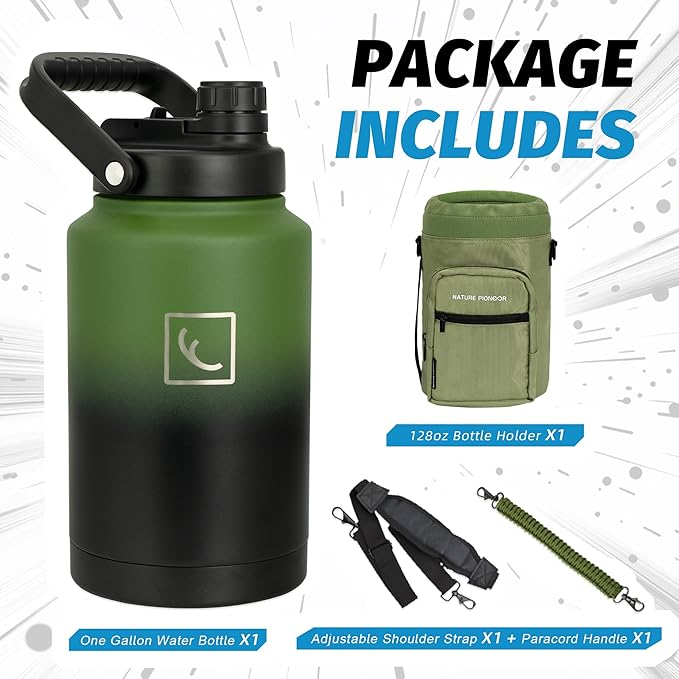 NATURE PIONEOR One Gallon Water Bottle Insulated - Large Double Vacuum Stainless Steel 128 oz Water Bottle with Holder/Carrier, 1 Gallon Water Jug 2 in 1 LID, Flip Straw and Spout, Wide Mouth