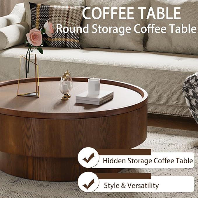 Storage Coffee Table, Handcraft Round Coffee Table with Hidden Storage Removable Top, Modern Solid Wood Veneered Circle Center Table with Sturdy Pedestal for Living Room 、Easy Assembly