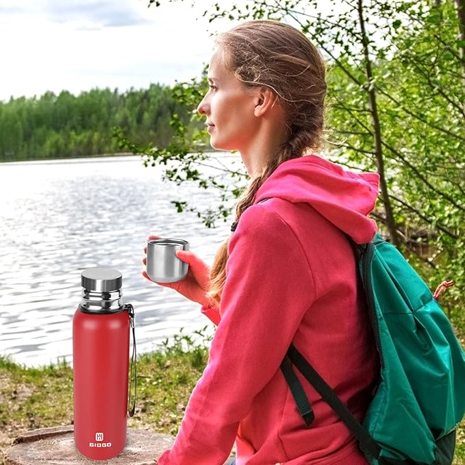 Insulated vacuum Thermo Bottle 1500ml/50.7oz with cup Stainless steel coffee bottles for hot and cold drink water flask.(Red,1500ml)
