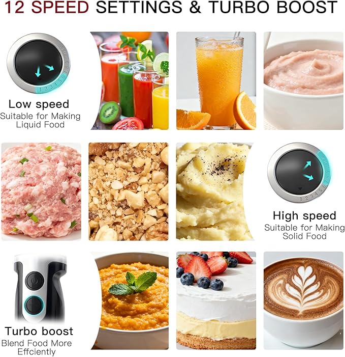 Megawise High-Power Hand Blender – 400W Max Power with Versatile 3-in-1 Attachments (Blending Shaft, Whisk, Chopper); Ergonomic Design with Adjustable Speed Control; Easy to Clean and Maintain (Black)