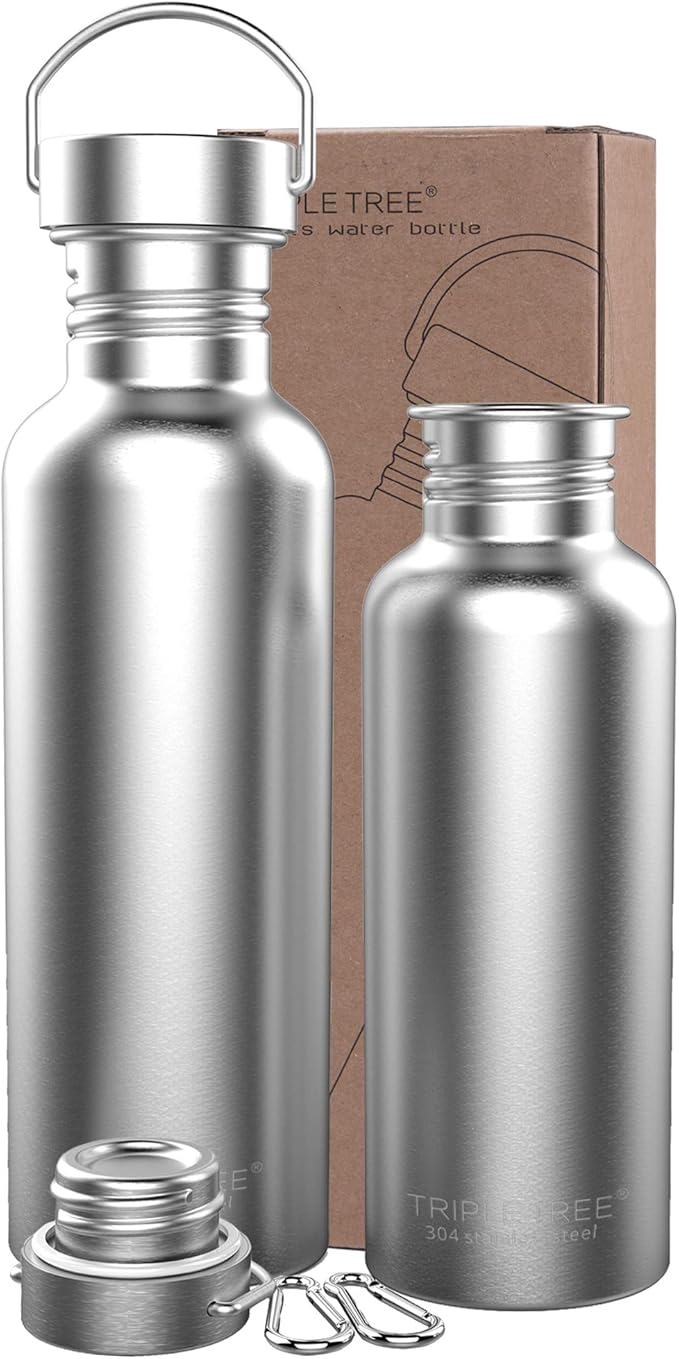 TRIPLE TREE 17 OZ Uninsulated Single Walled Stainless Steel Sports Water Bottle 18/8 Food Grade for Cyclists, Runners, Hikers, Beach Goers, Picnics, Camping - BPA Free