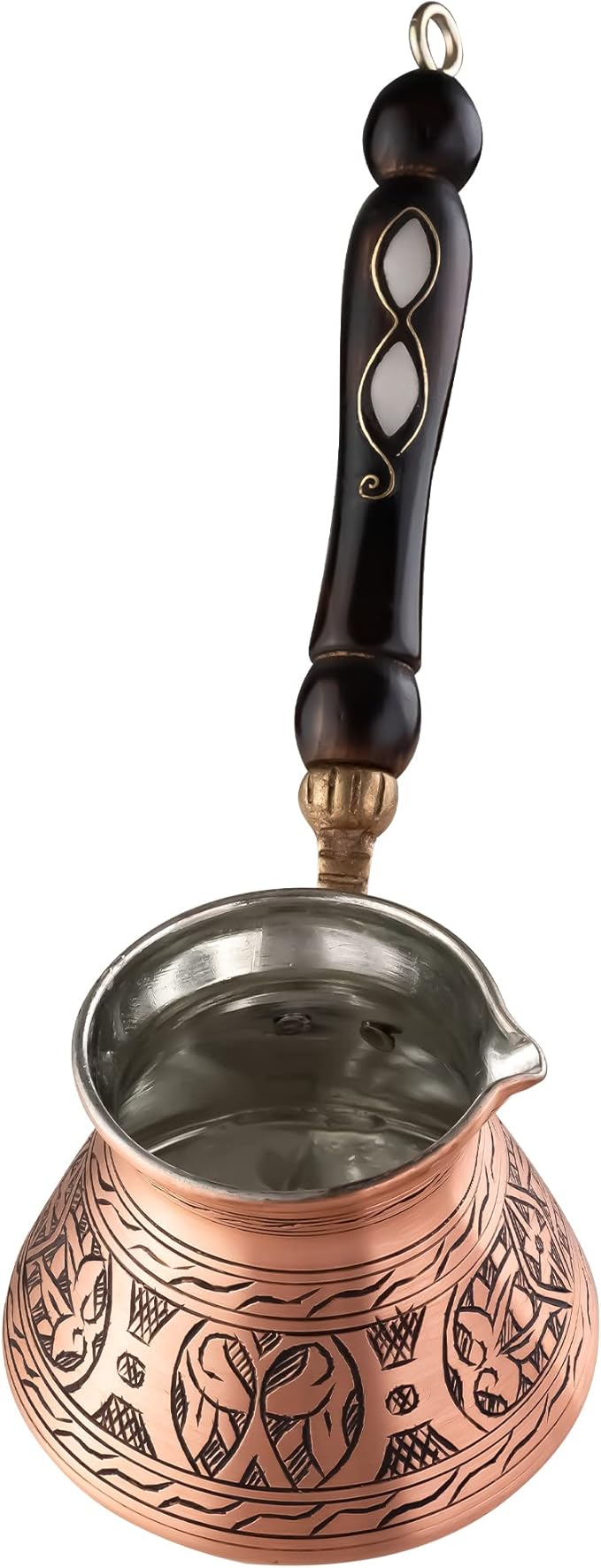 BCS 12 Oz Copper Turkish Greek Arabic Coffee Pot with Wooden Handle (4 servings) Cezve Ibrik Briki Stovetop Coffee Maker (Includes Wooden Spoon)