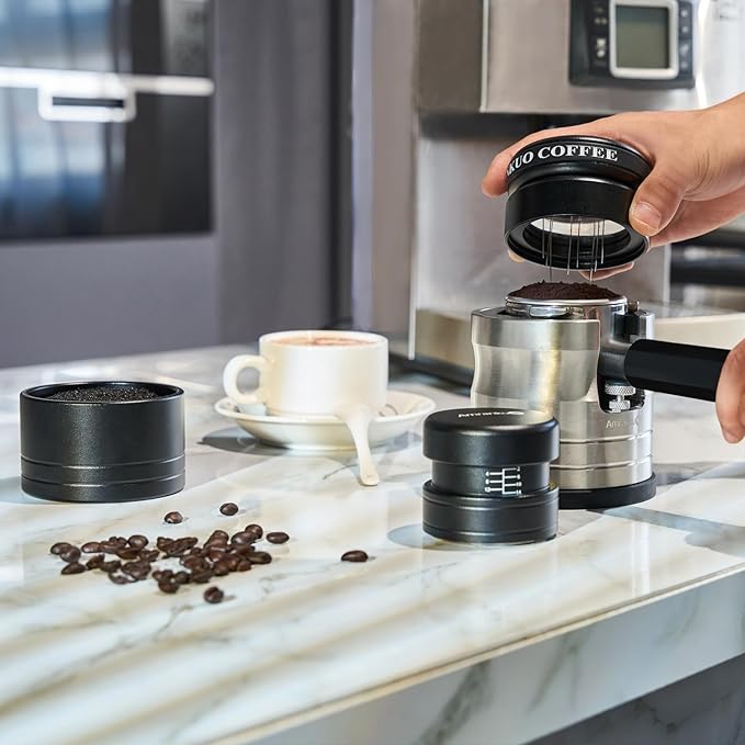 Portafilter Holder - Espresso Tamping Station Crafted from Solid 304 Stainless Steel for Most 58mm Portafilters with Adjustable Height Screw | Stable and Efficient Puck Preparation