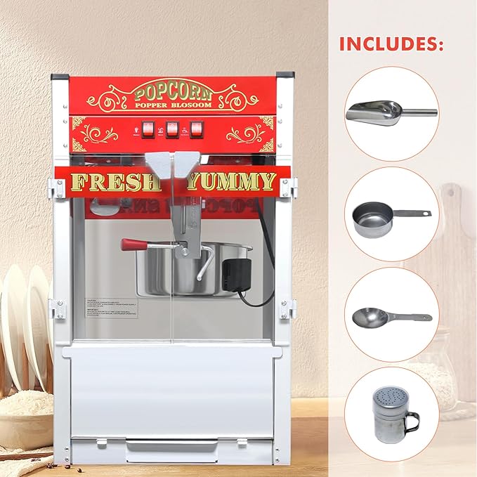 Commercial Popcorn Machine with Cart, Wheels & 20 Oz Kettle,Popcorn Popper Machine Vintage Style Movie Theater Popcorn Maker Machine for Parties, Events, Commercial, and Home Theater