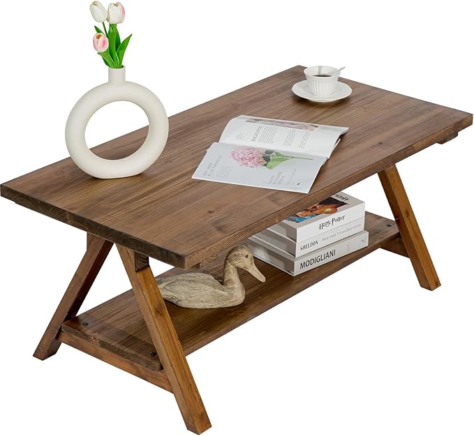 Solid Wood Coffee Table - 42.5” Firwood Farmhouse Rustic Wooden Coffee Tables for Living Room, Solid Firwood Rectangle Coffee Table, Center Table for Living Room, Brown
