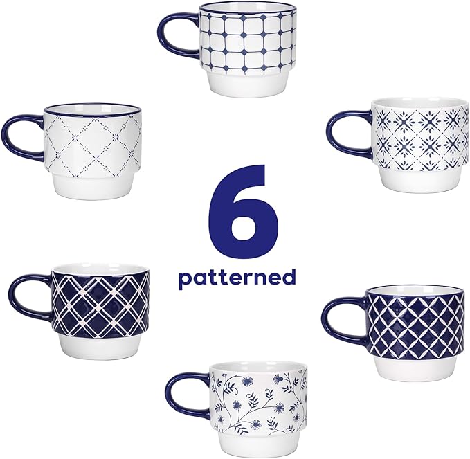 Schliersee 12 OZ Stackable Ceramic Coffee Mugs set of 6, Geometric Floral Pattern Small Mug, Blue White Porcelain Coffee Mug, Stacking Coffee Mugs, Tea Mug, Water Cup, Dishwasher Safe, Microwave Safe