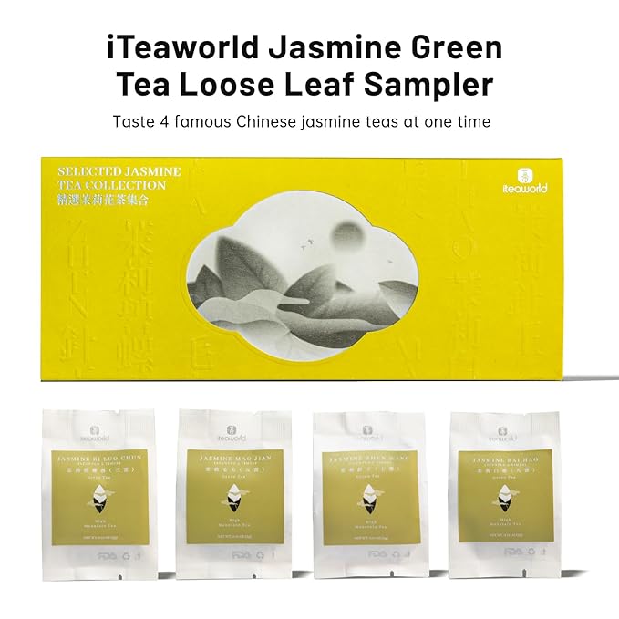 iTeaworld Jasmine Green Tea Loose Leaf Samplers Set, With Different Flowery Aromas, No Sweetener, Sweet After Taste, 4 Different Grades of Jasmine Tea Loose Leaf, 16 Pack/56g