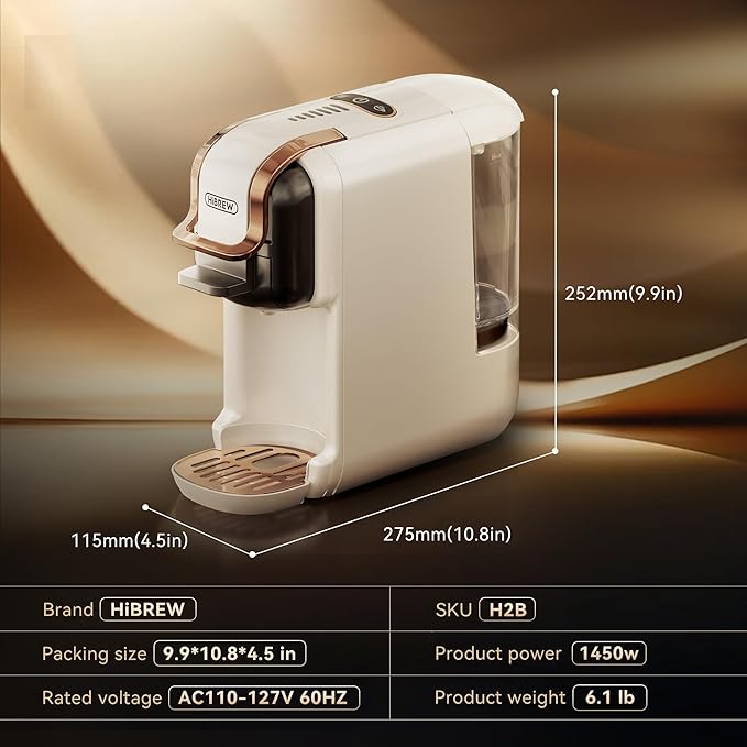 HiBREW H2B 5-in-1 Pod Coffee Maker - Compatible With 4 Coffee Capsule as Well as Espresso Powder, Makes Iced Coffee, Espresso, Cappuccino, Long Black. Hotel Kitchen Coffee Machine