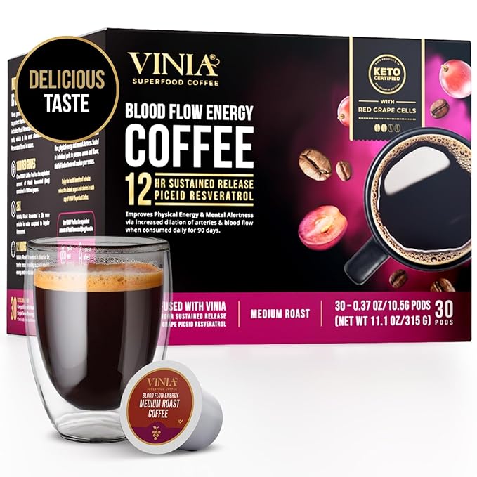 VINIA Blood Flow Energy Coffee Pods - Medium Roast Infused with Red Grape Piceid Resveratrol for Physical Energy & Mental Alertness, Compatible with K Cups Superfood Coffee, Full-Bodied, 30 Ct